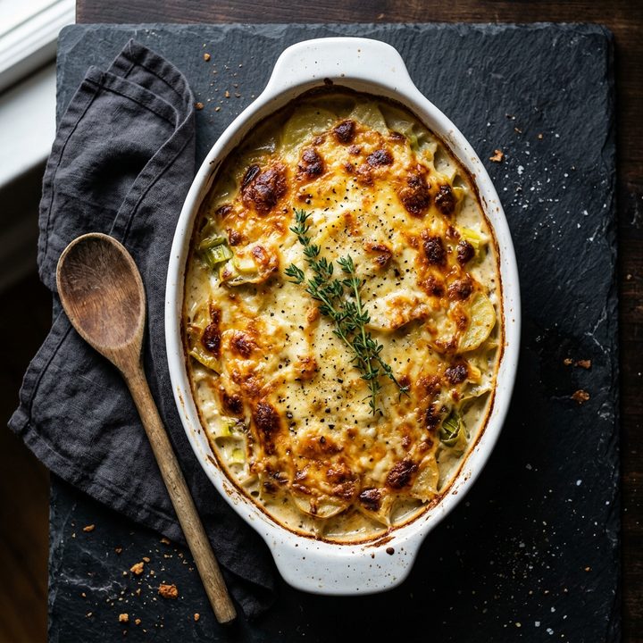 Golden leek and potato gratin in a white oval dish