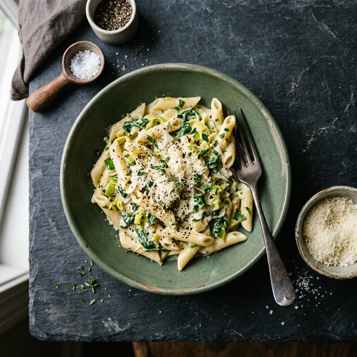 Creamy leek penne in a sage green bowl