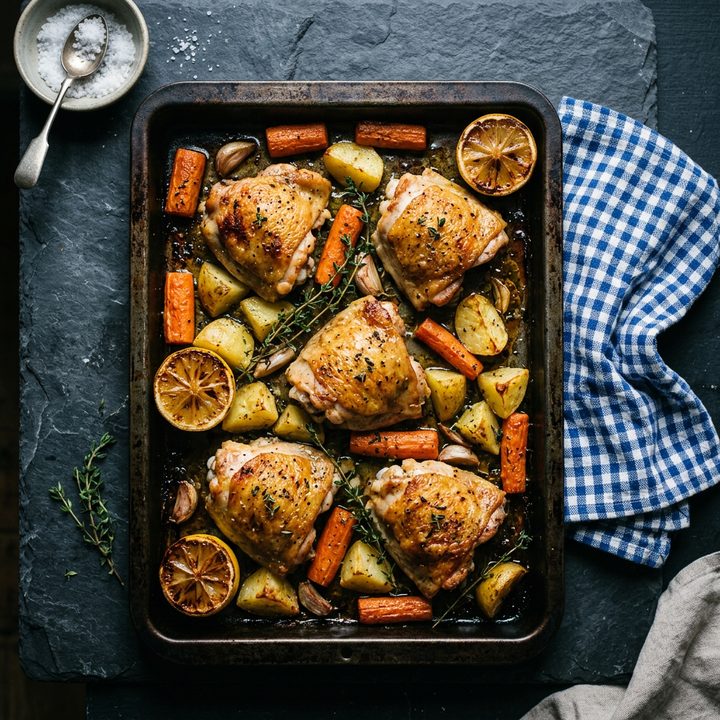 Chicken thighs, carrots and potatoes roasted on a tray with lemon