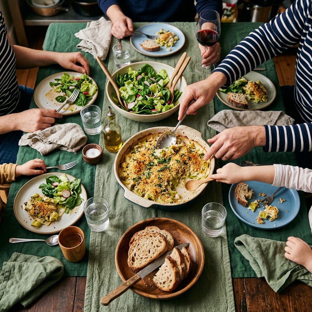 A family dinner table seen from above, hands passing a gratin, salad, bread and glasses of water