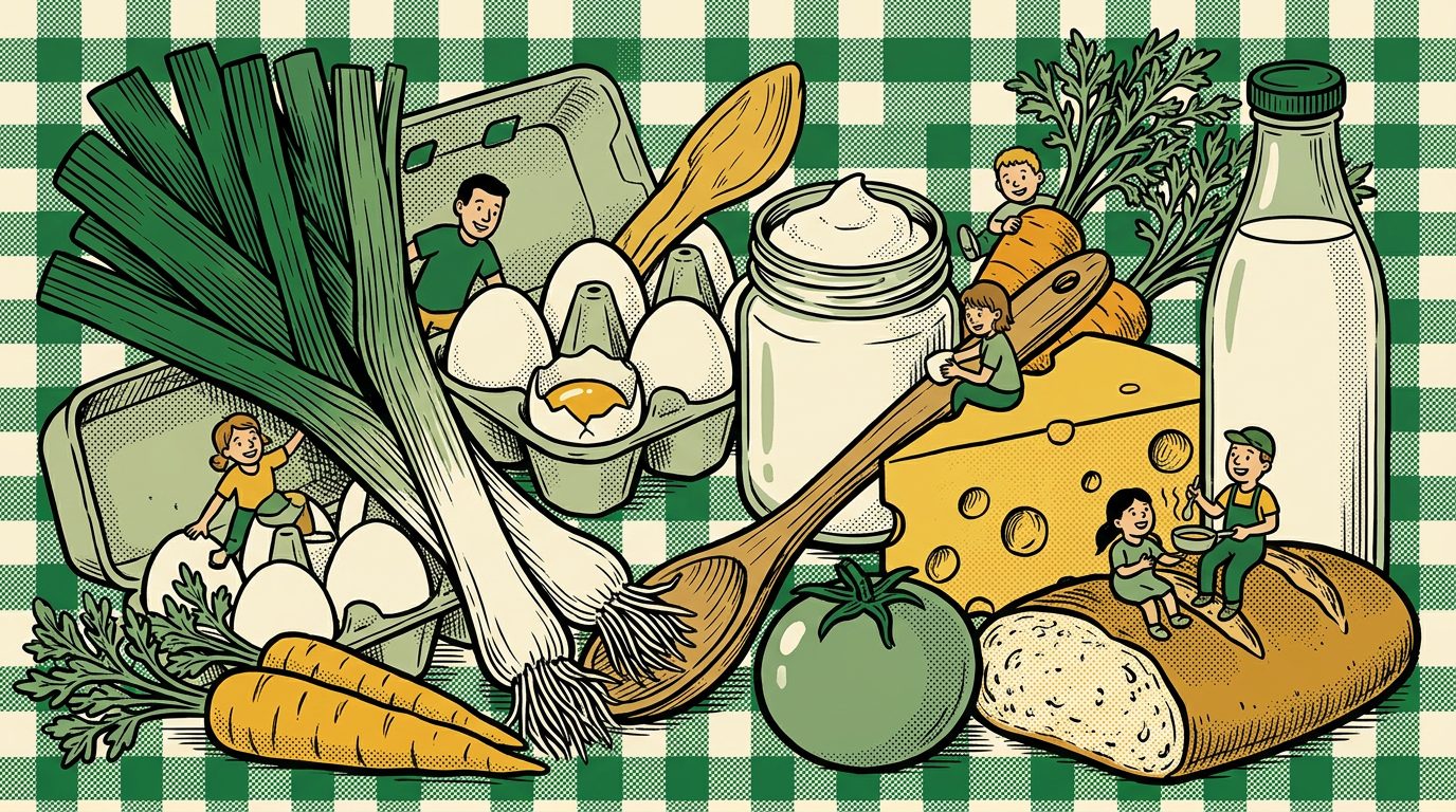 Illustration of leeks, eggs, carrots, cream, cheese, a loaf and a milk bottle on a green gingham cloth, with tiny people climbing over them