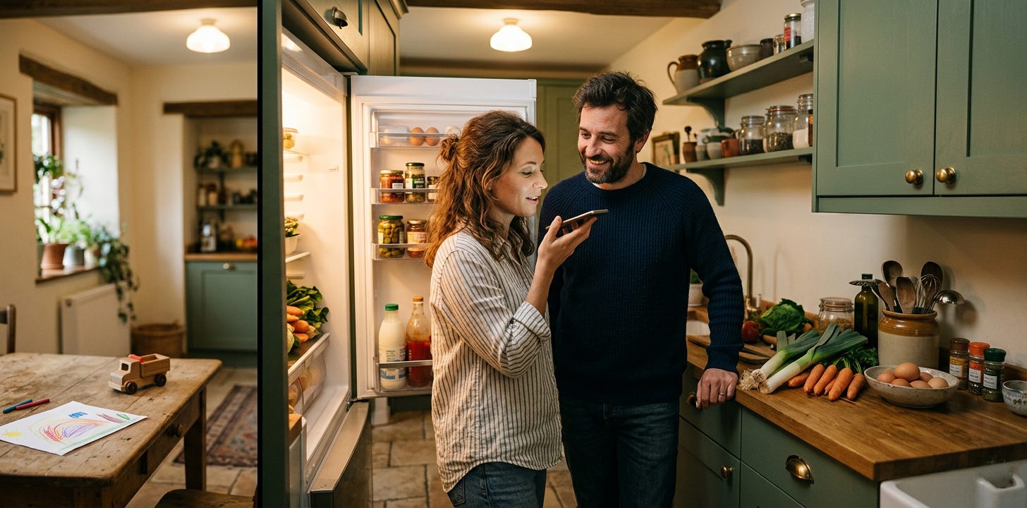 Two parents at an open fridge in a green kitchen, one of them dictating to a phone while the other smiles, leeks, carrots and eggs on the counter